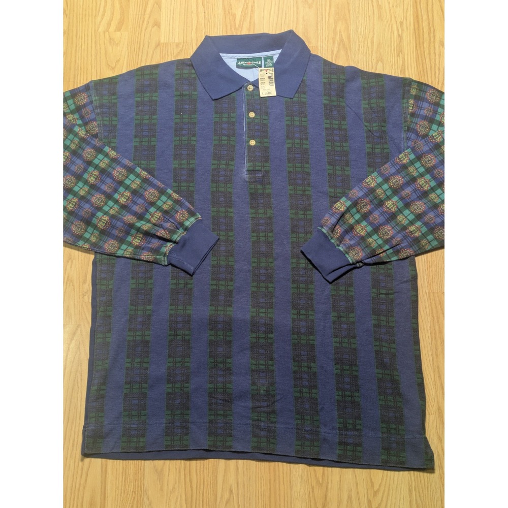 American Eagle Mens Vintage 90s Long Sleeve Plaid Stripe Polo Shirt Blue XL